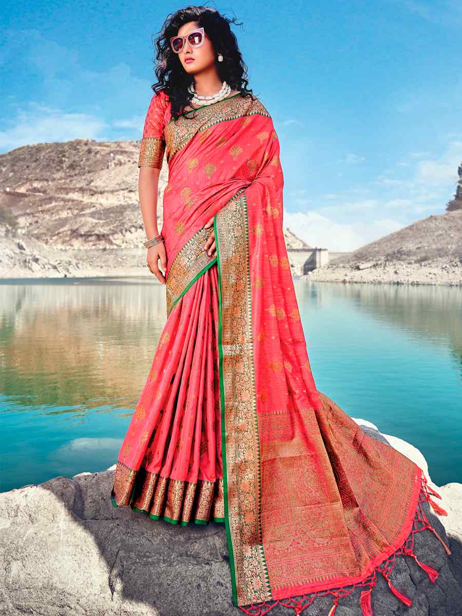 Rose Pink Banarasi Silk Traditional Party Festival Heavy Border Saree