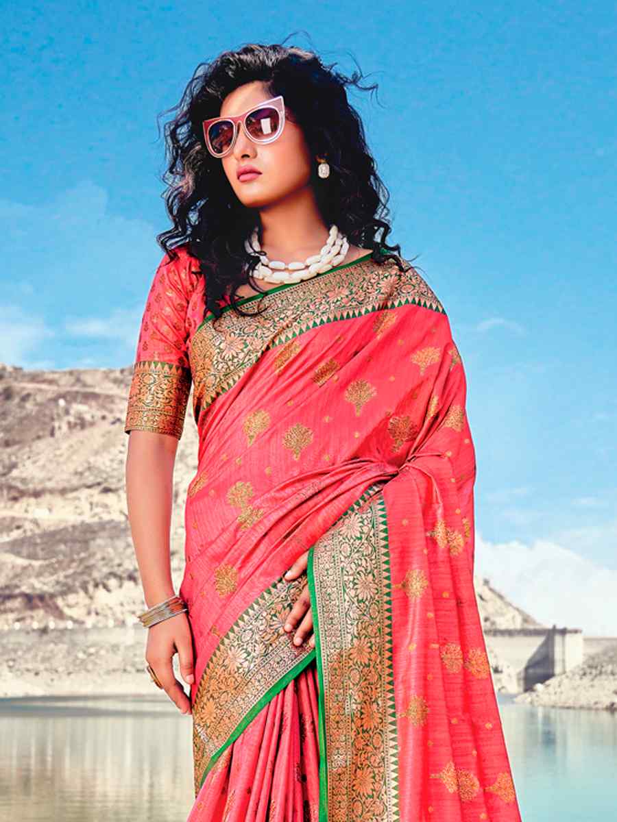 Rose Pink Banarasi Silk Traditional Party Festival Heavy Border Saree