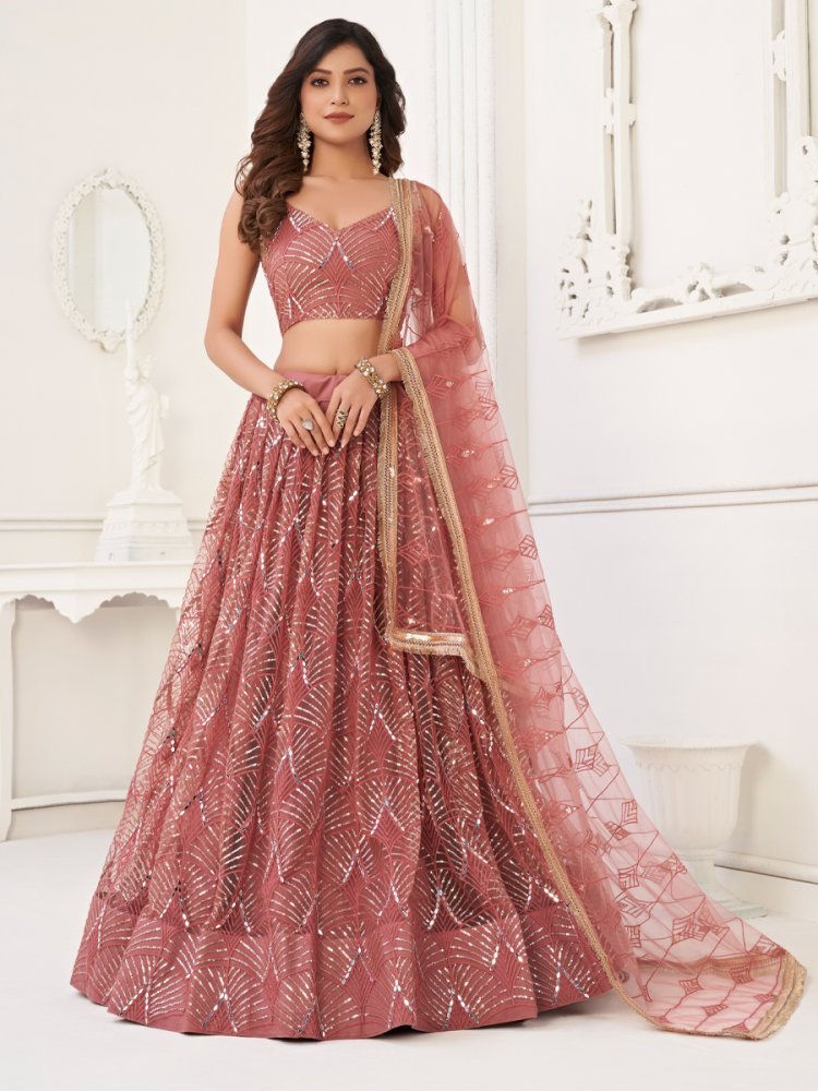 Rose Pink Butterfly Net Embroidered Party Wear Festival Heavy Border Lehenga Choli