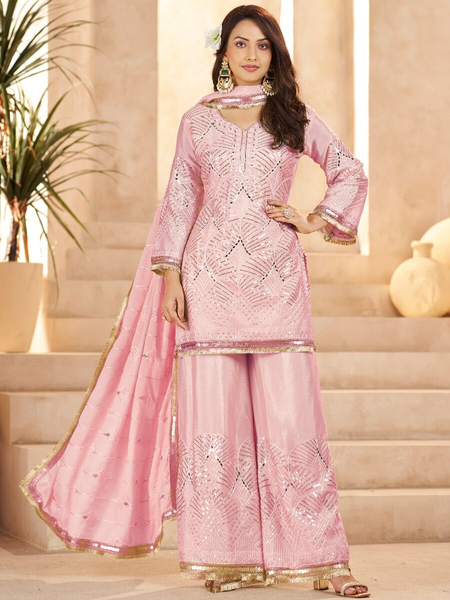 Rose Pink Chinon Sequins Wedding Party Festival Casual Palazzo Pant Salwar Kameez