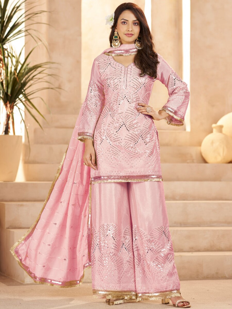 Image of Rose Pink Chinon Sequins Wedding Party Festival Casual Palazzo Pant Salwar Kameez