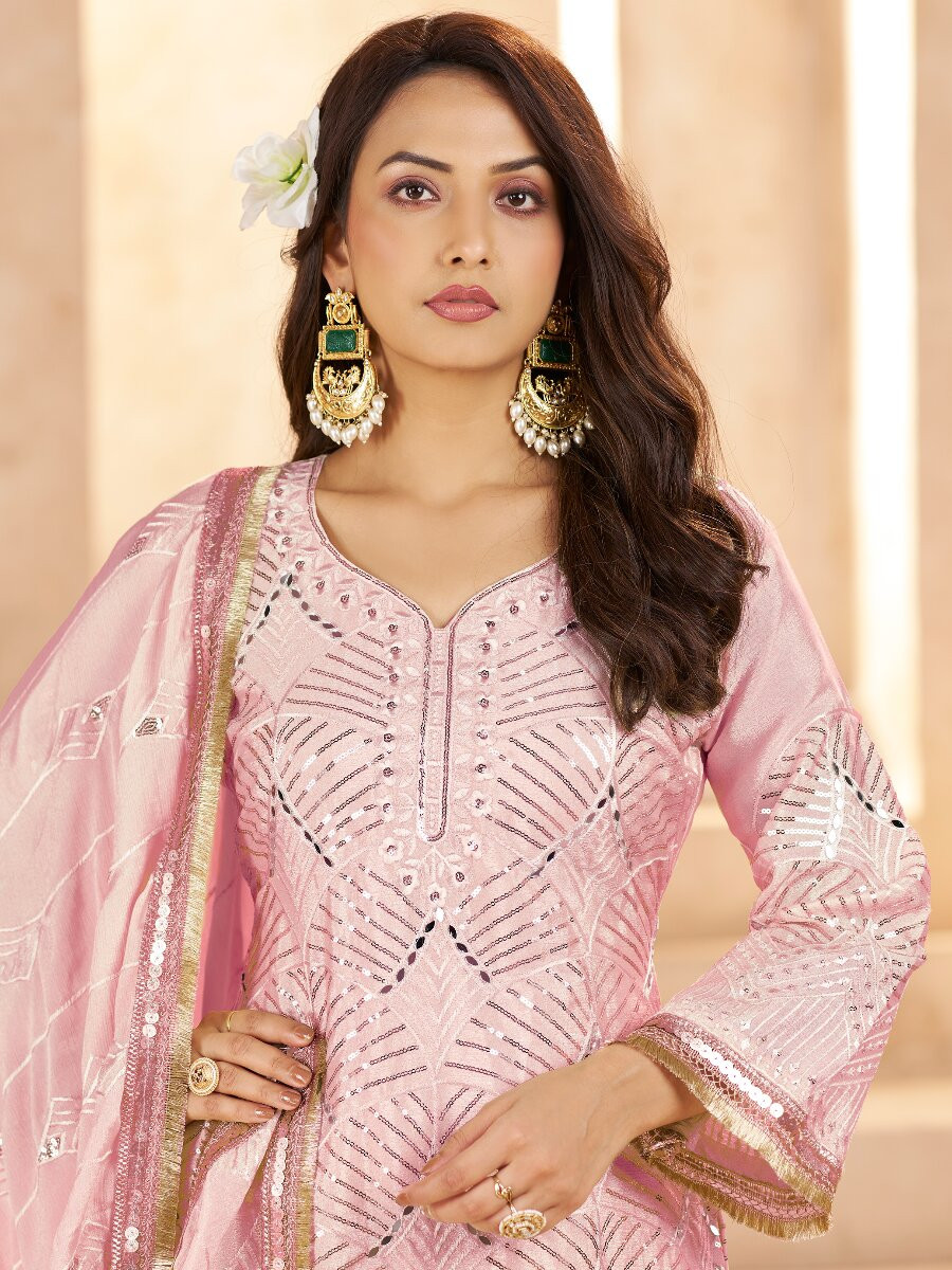 Rose Pink Chinon Sequins Wedding Party Festival Casual Palazzo Pant Salwar Kameez
