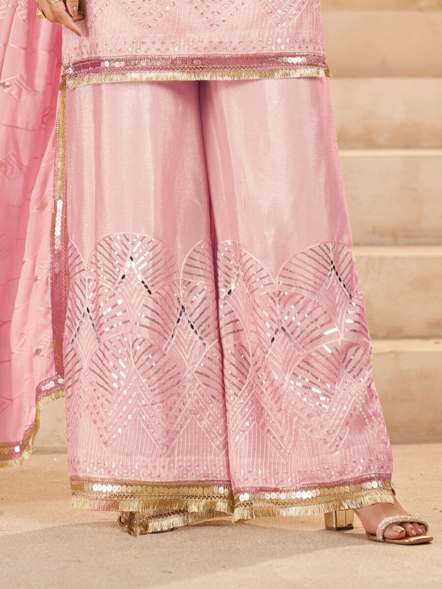 Rose Pink Chinon Sequins Wedding Party Festival Casual Palazzo Pant Salwar Kameez