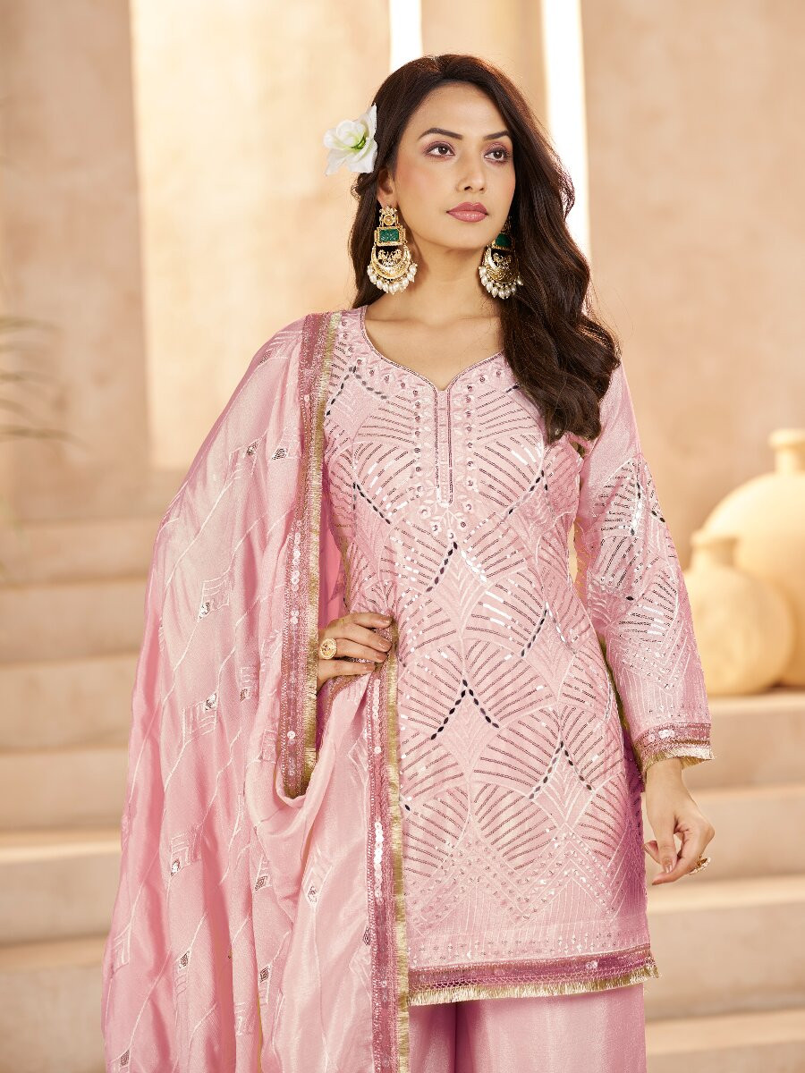 Rose Pink Chinon Sequins Wedding Party Festival Casual Palazzo Pant Salwar Kameez