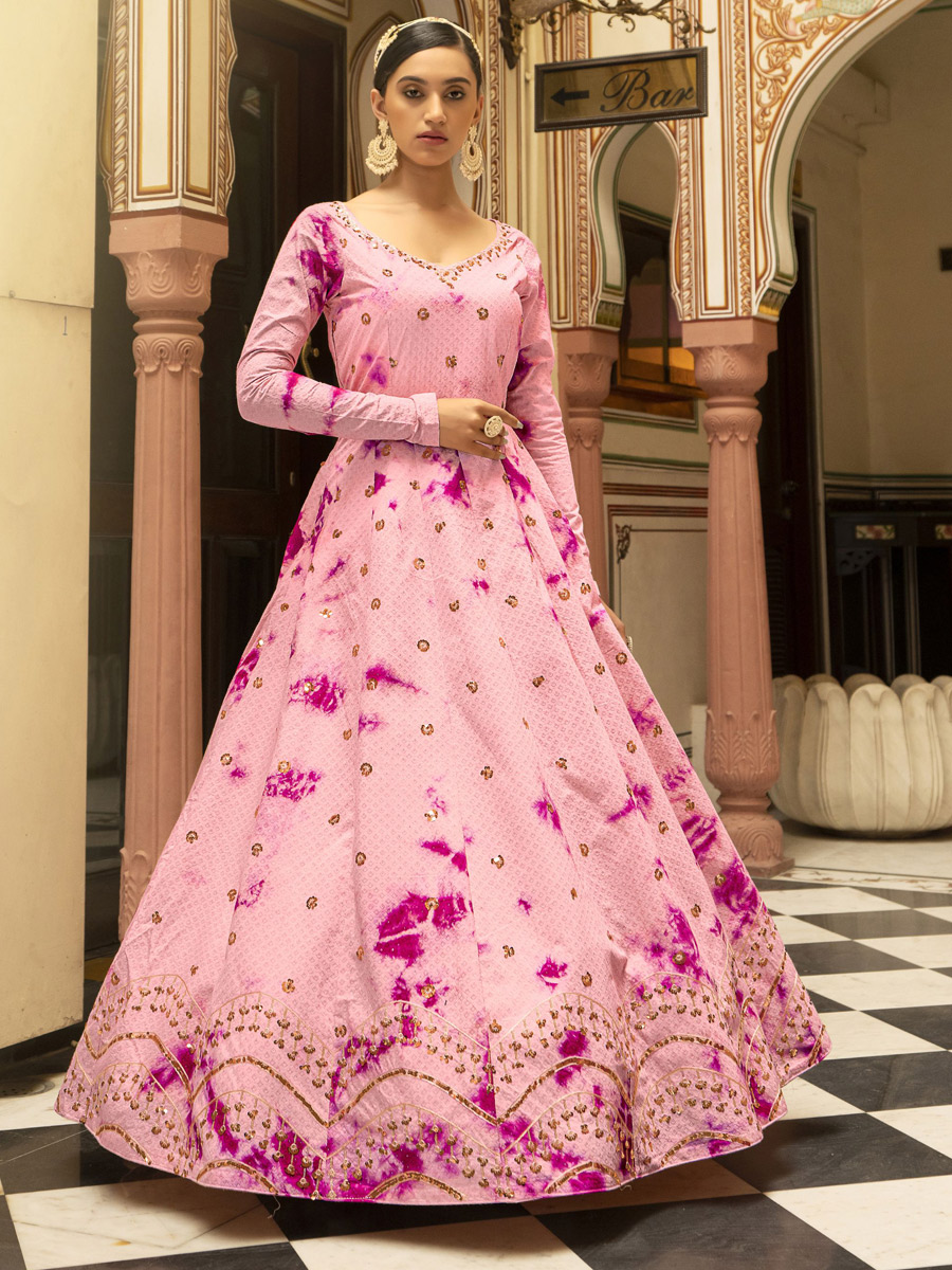 Rose Pink Cotton Embroidered Party Gown