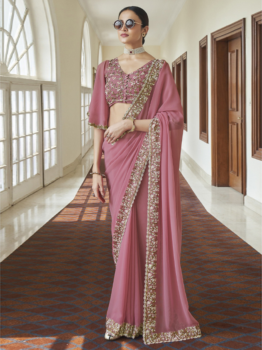 Rose Pink Faux Georgette Embroidered Party Saree