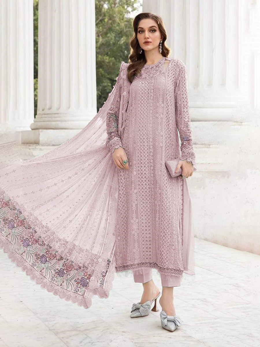 Rose Pink Georgette Embroidery Zari Wedding Party Festival Casual Pant Salwar Kameez