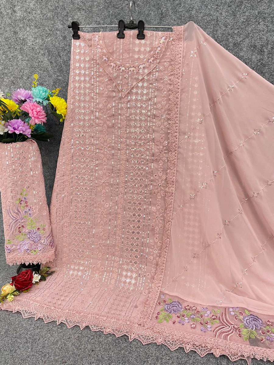 Rose Pink Georgette Embroidery Zari Wedding Party Festival Casual Pant Salwar Kameez
