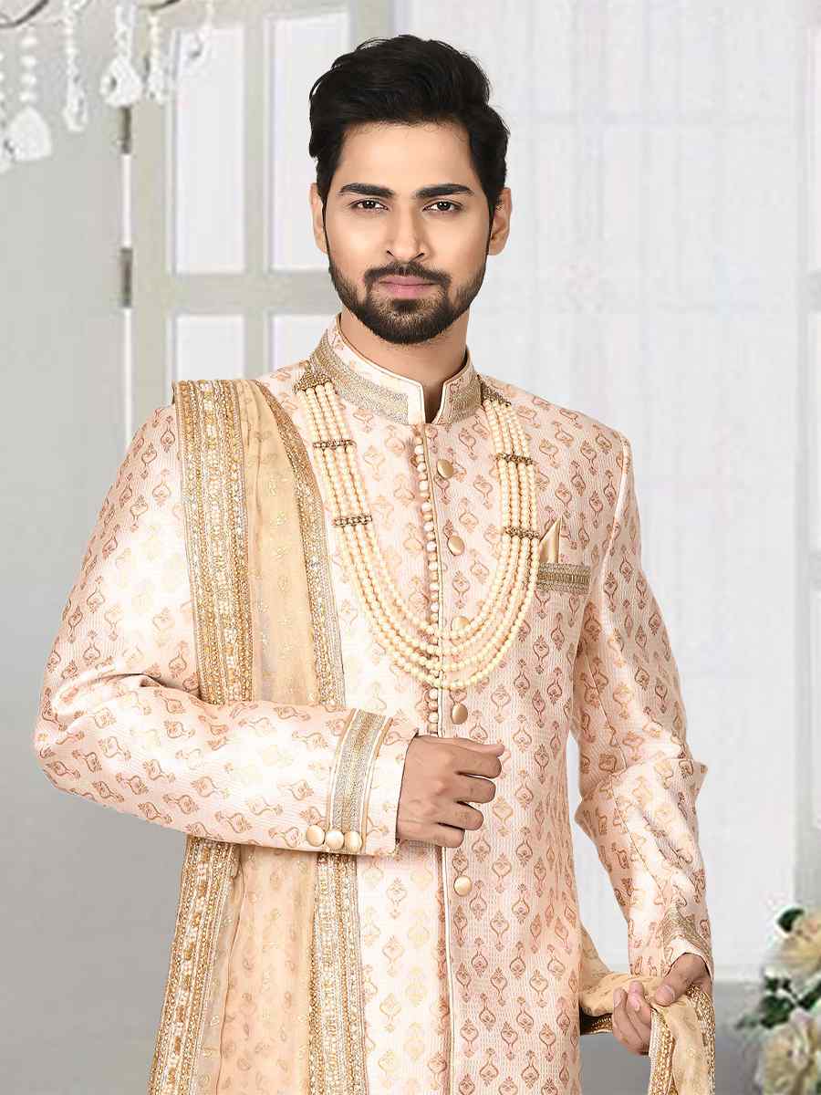 Rose Pink Jacquard Embroidered Groom Wedding Sherwani