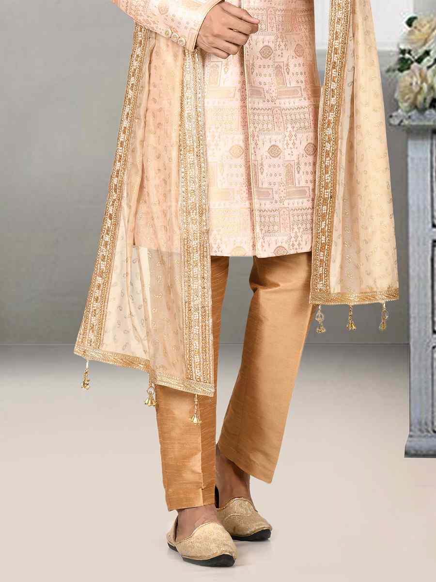 Rose Pink Jacquard Embroidered Groom Wedding Sherwani