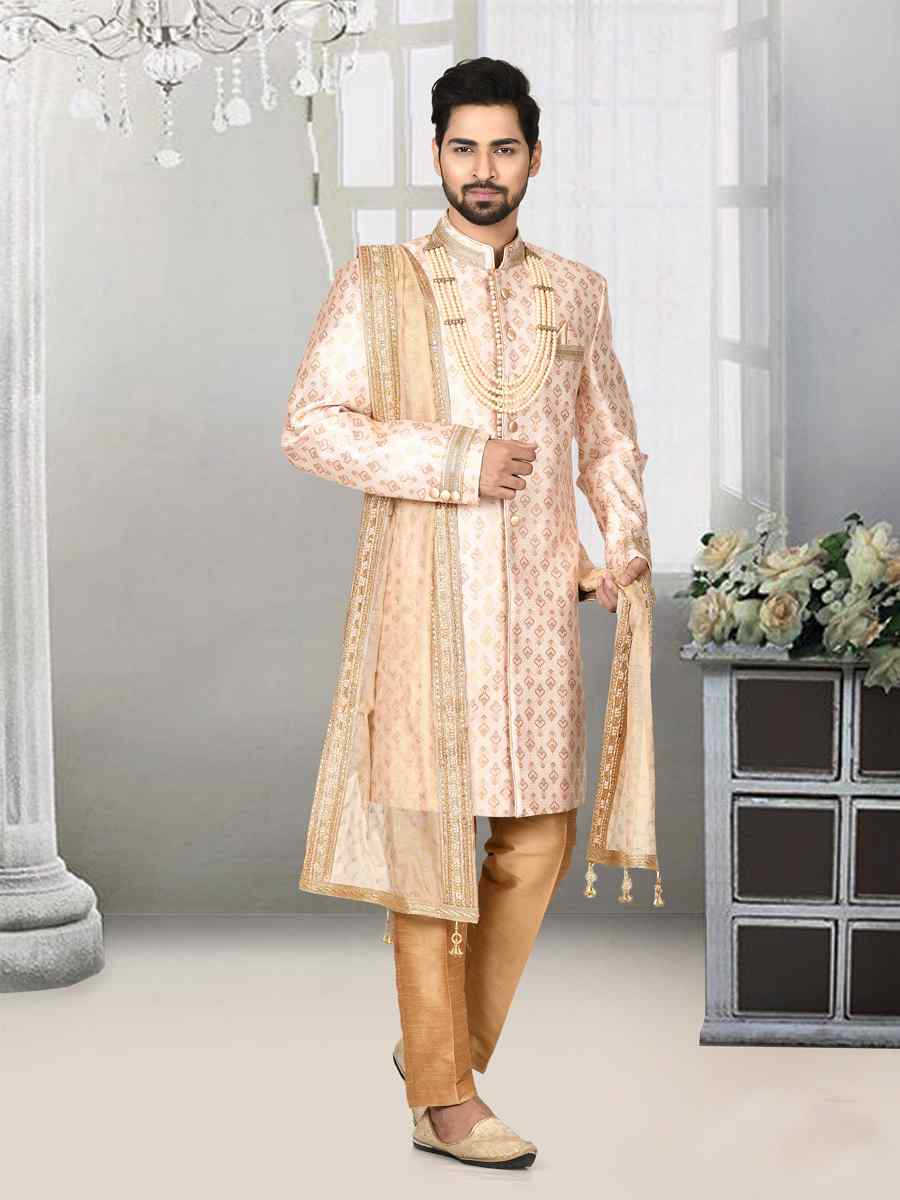 Rose Pink Jacquard Embroidered Groom Wedding Sherwani