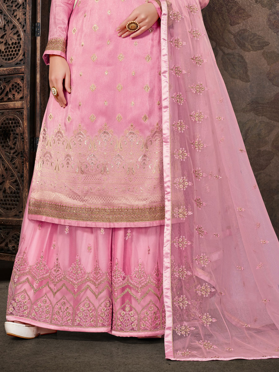 Rose Pink Jacquard Embroidered Party Palazzo Pant Kameez
