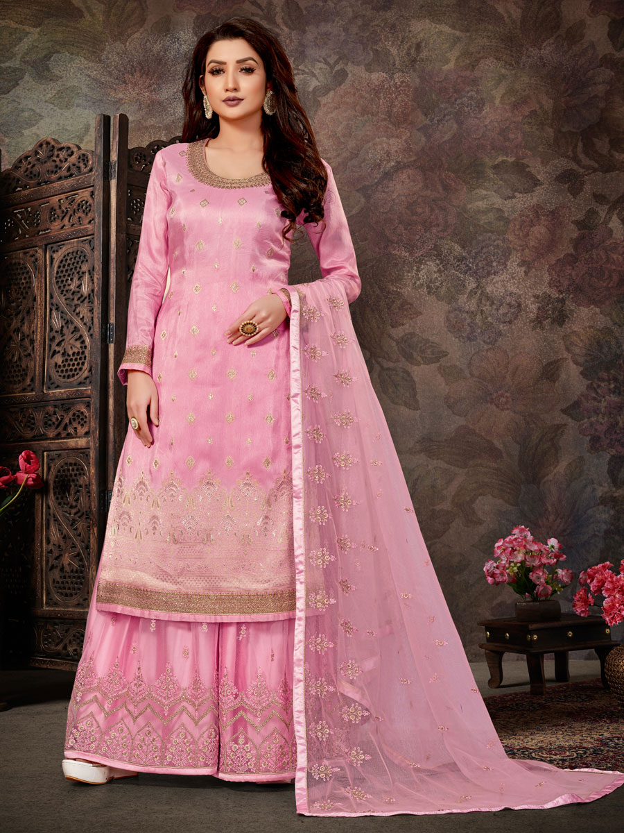 Rose Pink Jacquard Embroidered Party Palazzo Pant Kameez