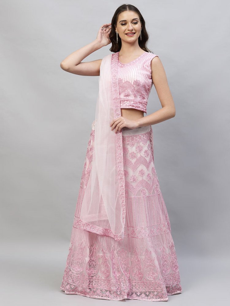 Rose Pink Net Embroidered Party Lehenga Choli