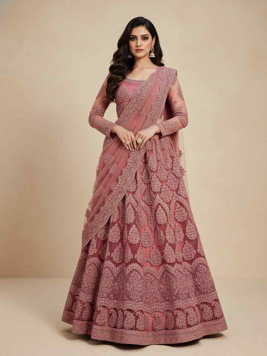 Rose Pink Net Embroidered Wedding Reception Festival Heavy Border Lehenga Choli
