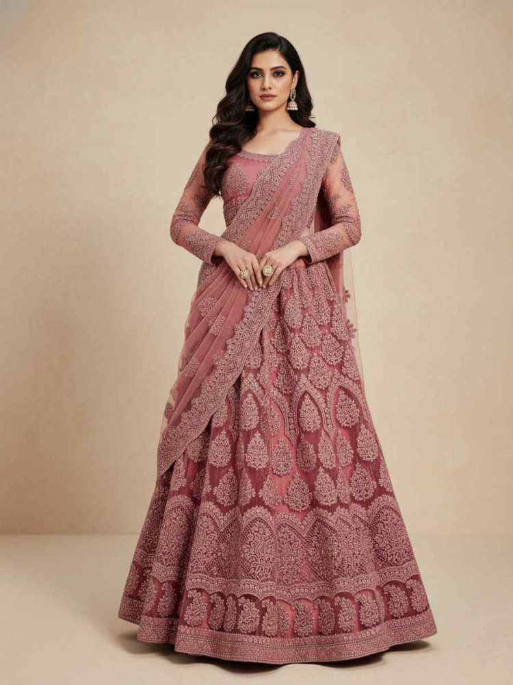 Image of Rose Pink Net Embroidered Wedding Reception Festival Heavy Border Lehenga Choli