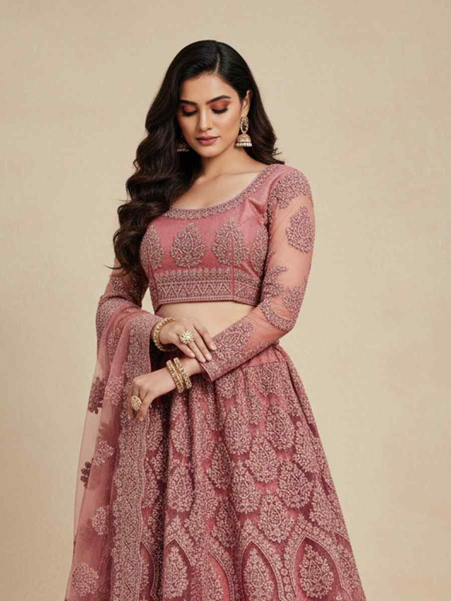 Rose Pink Net Embroidered Wedding Reception Festival Heavy Border Lehenga Choli