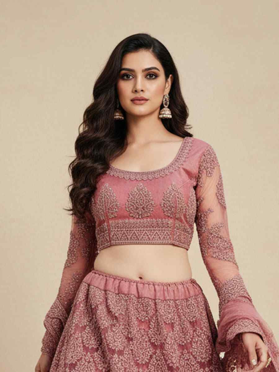 Rose Pink Net Embroidered Wedding Reception Festival Heavy Border Lehenga Choli