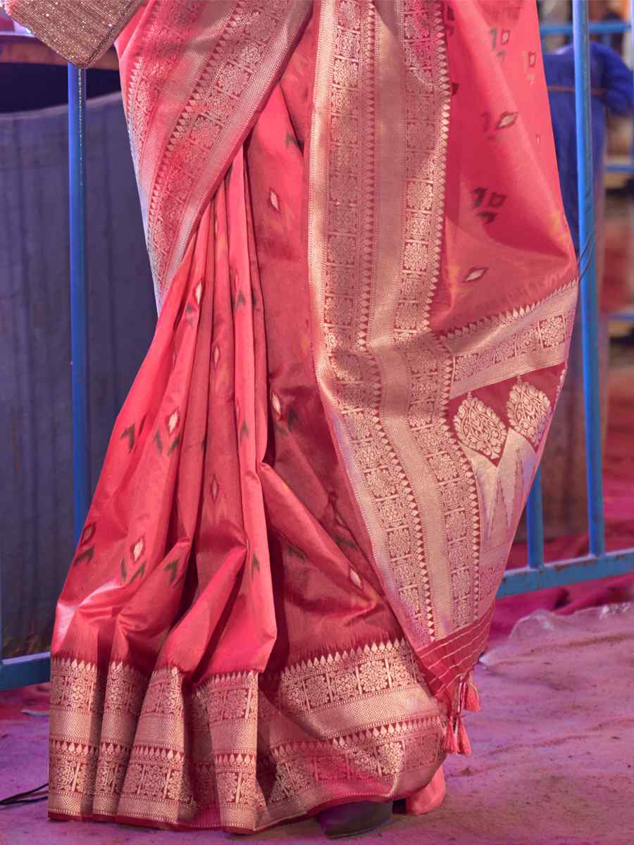 Rose Pink Satin Handwoven Wedding Festival Heavy Border Saree