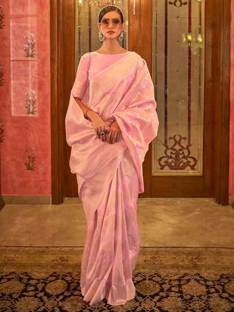 Rose Pink Silk Brocade Wedding Party Contemporary Saree