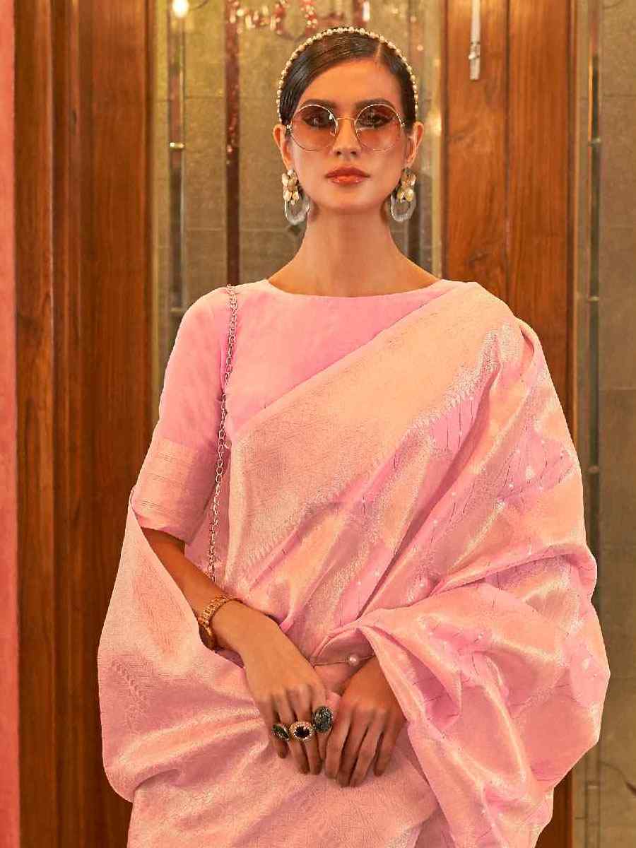 Rose Pink Silk Brocade Wedding Party Contemporary Saree