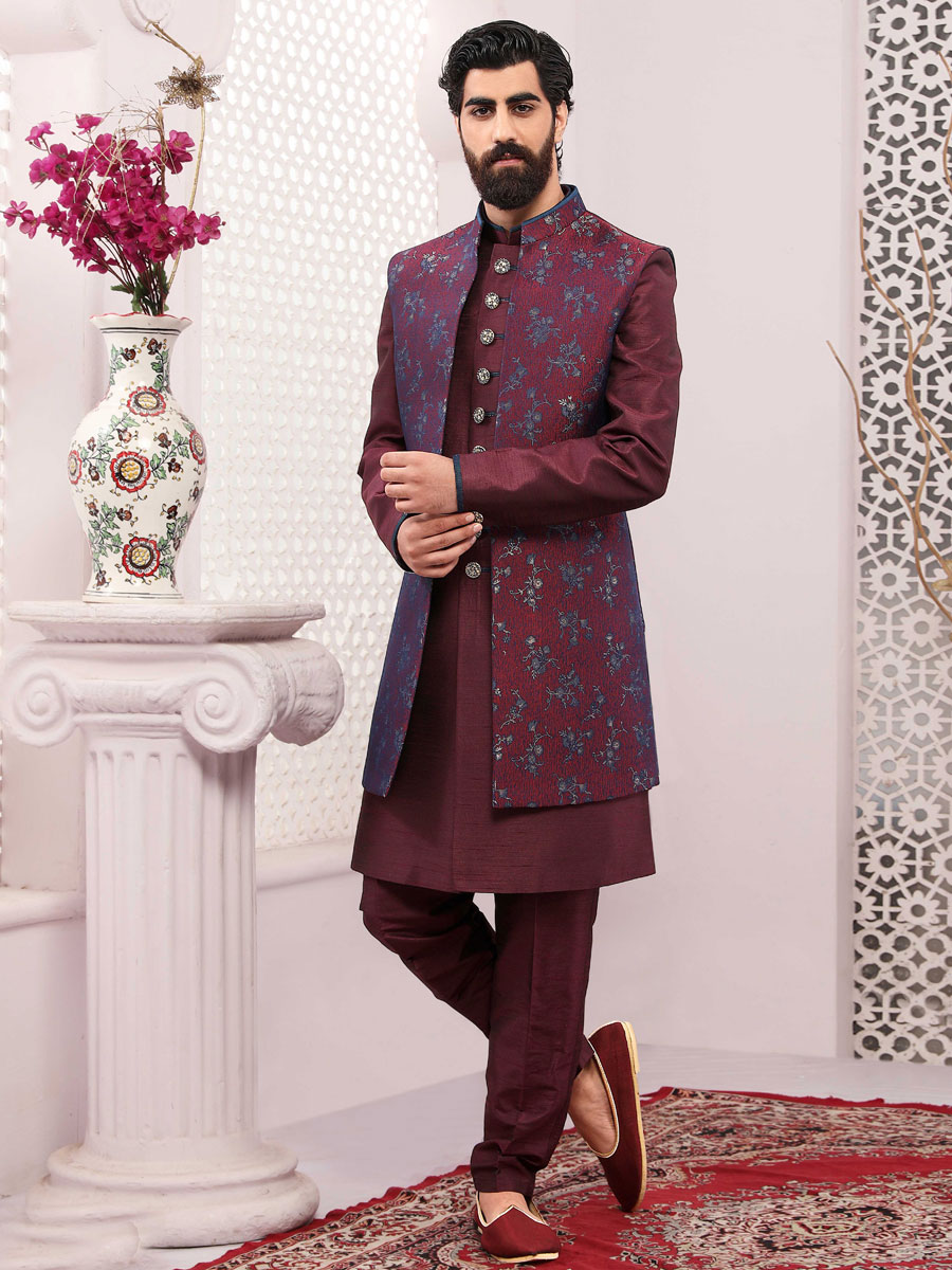 Rose Quartz Grey Art Banarasi Silk Embroidered Wedding Collection Sherwani with Jacket