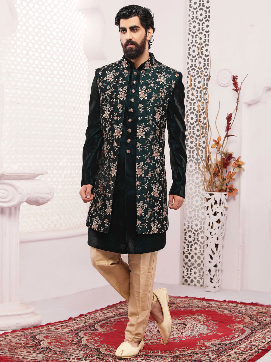 Rose Quartz Grey Art Banarasi Silk Embroidered Wedding Collection Sherwani with Jacket