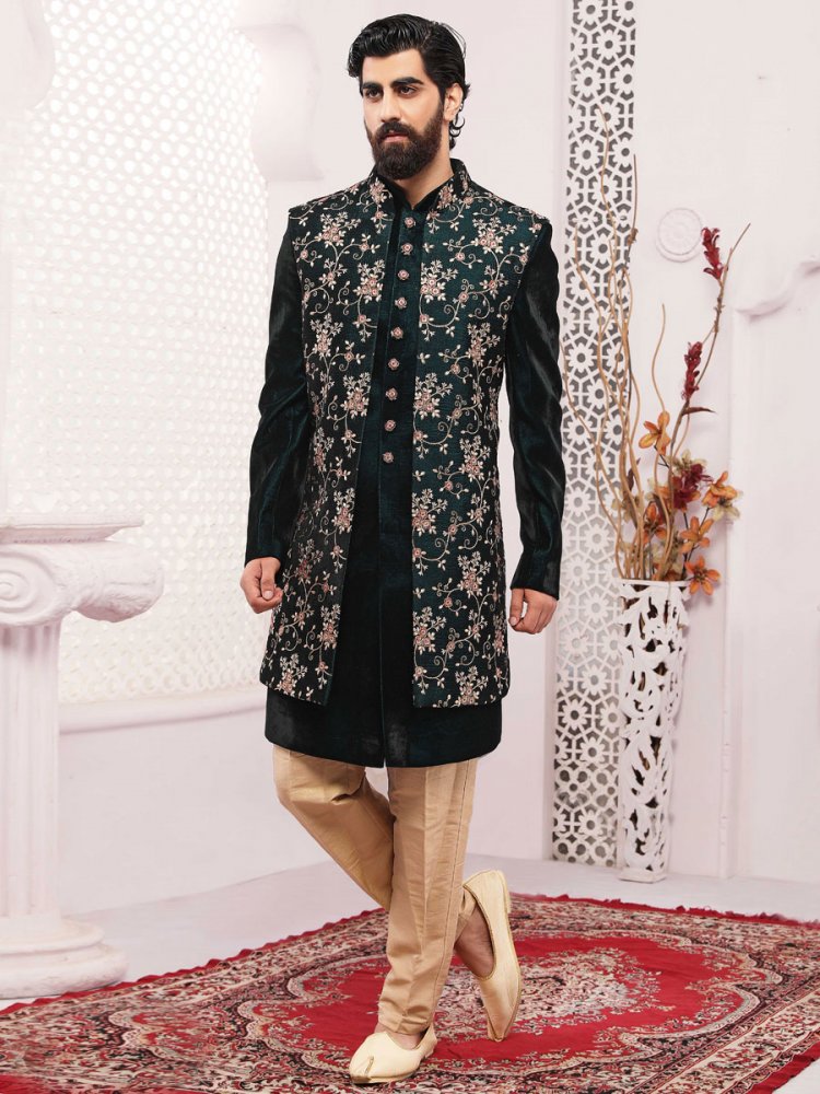 Rose Quartz Grey Art Banarasi Silk Embroidered Wedding Collection Sherwani with Jacket