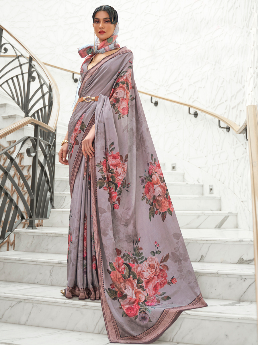 Rose Quartz Grey Pure Silk Crepe Printed Festival Saree