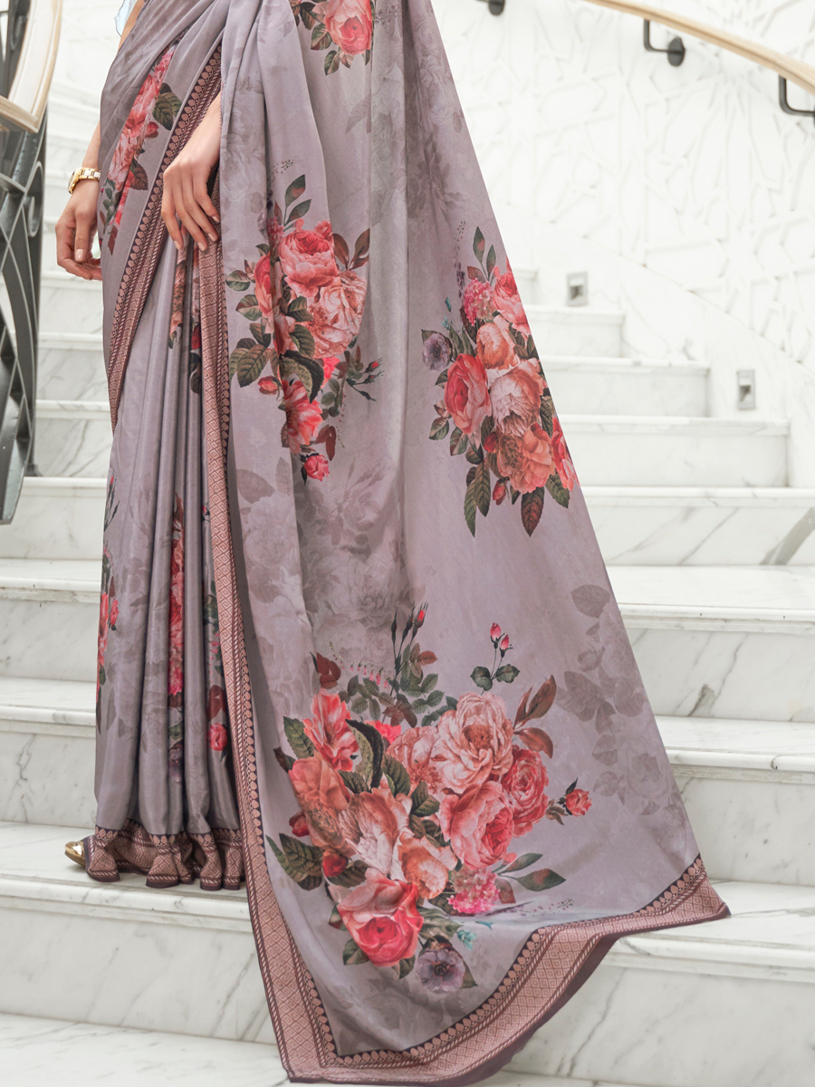 Rose Quartz Grey Pure Silk Crepe Printed Festival Saree