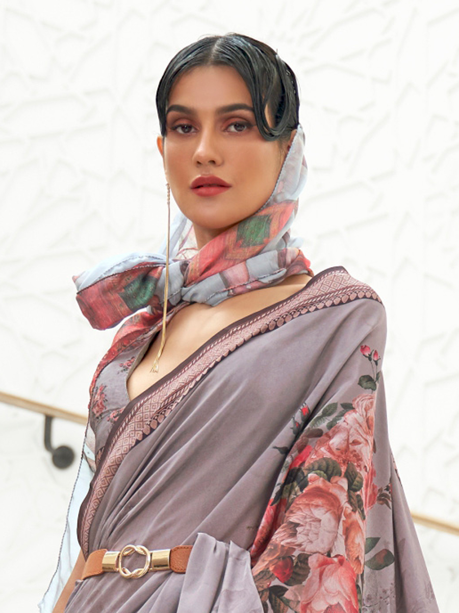 Rose Quartz Grey Pure Silk Crepe Printed Festival Saree