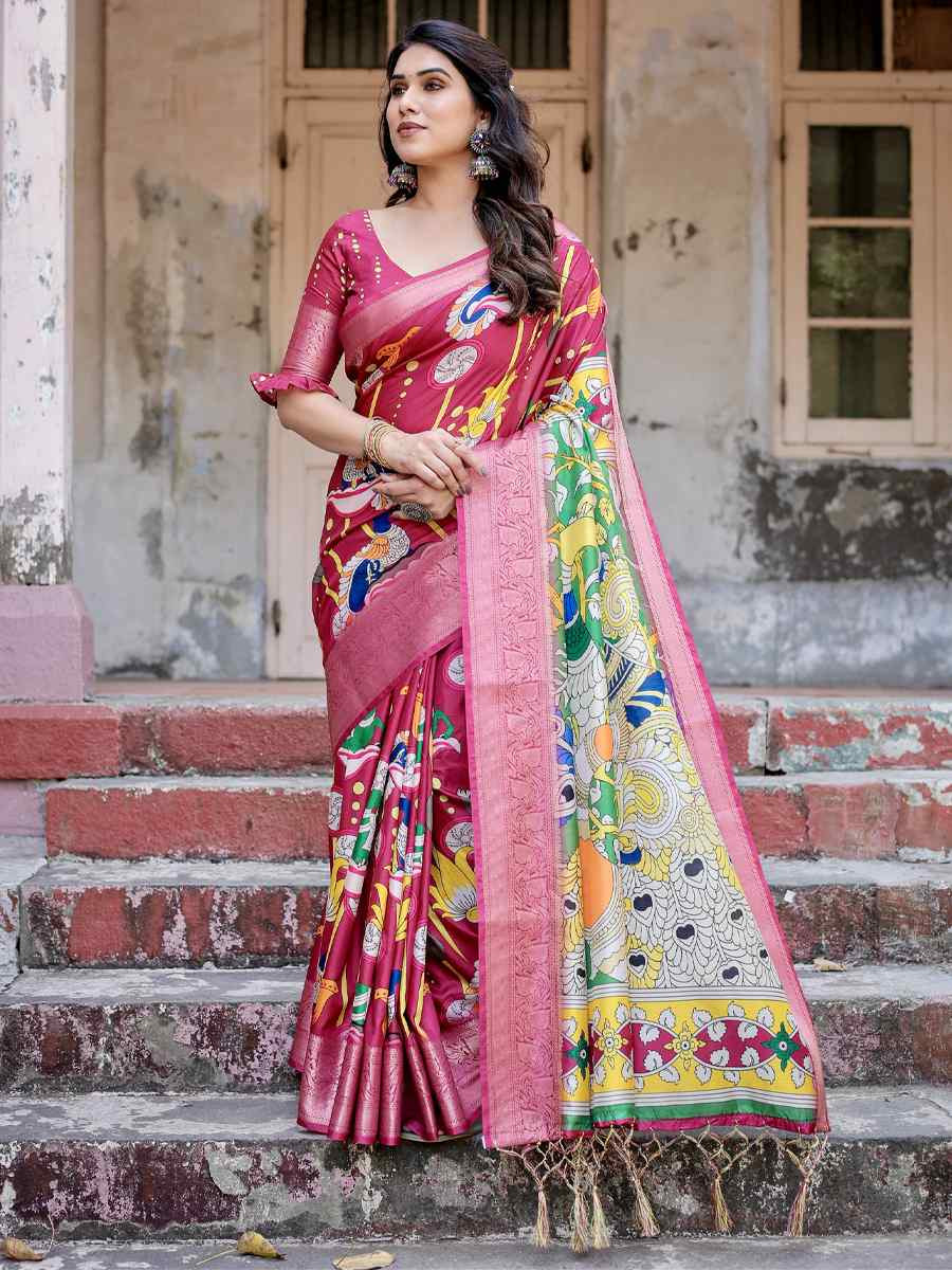 Rose Tussar Silk Zari Handwoven Printed Casual Reception Festival Wedding Fancy Heavy Border Saree