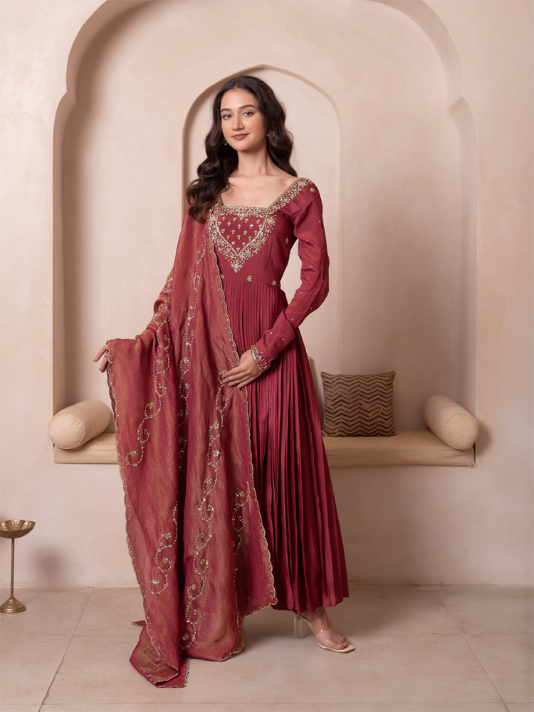 Image of Rosegold Chinon Embroidery Wedding Party Festival Casual Ready Anarkali Palazzo Pant Salwar Kameez