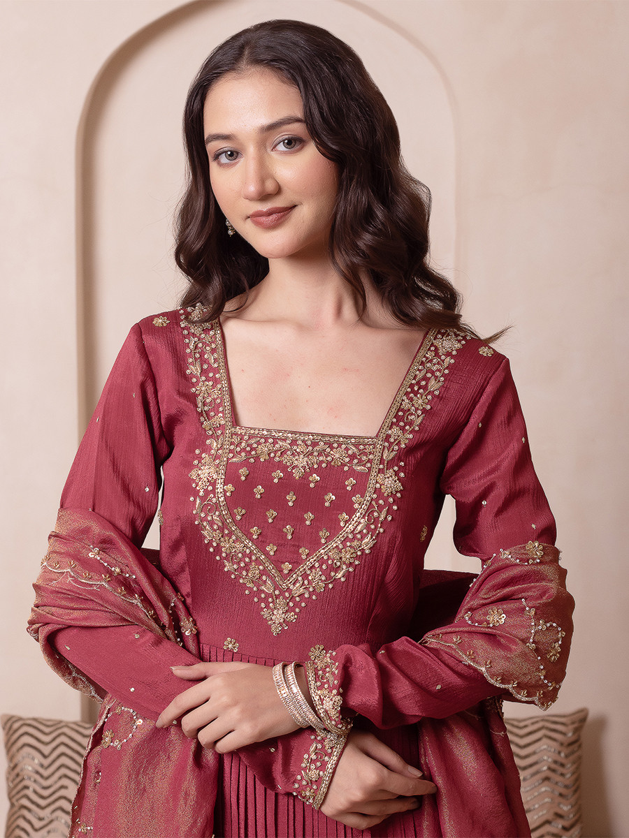 Rosegold Chinon Embroidery Wedding Party Festival Casual Ready Anarkali Palazzo Pant Salwar Kameez