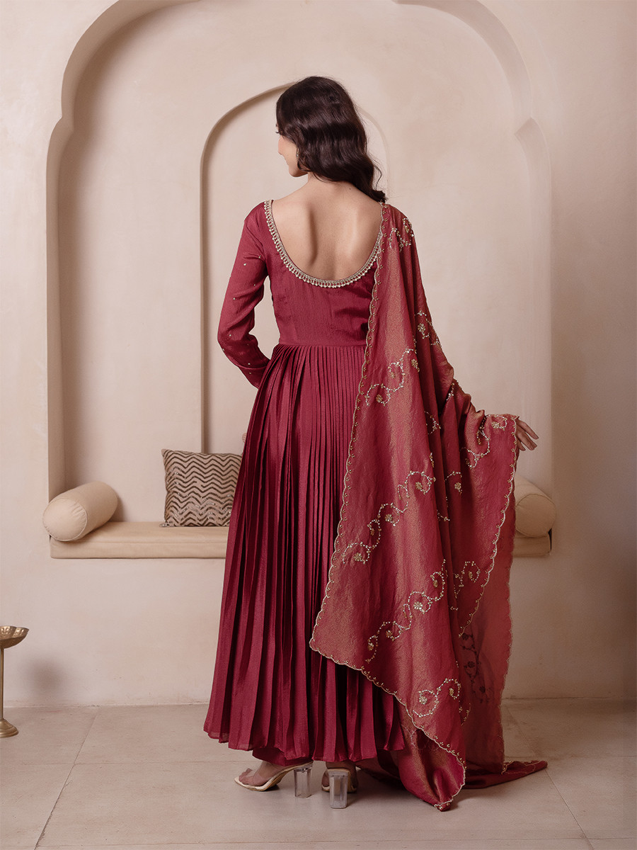 Rosegold Chinon Embroidery Wedding Party Festival Casual Ready Anarkali Palazzo Pant Salwar Kameez
