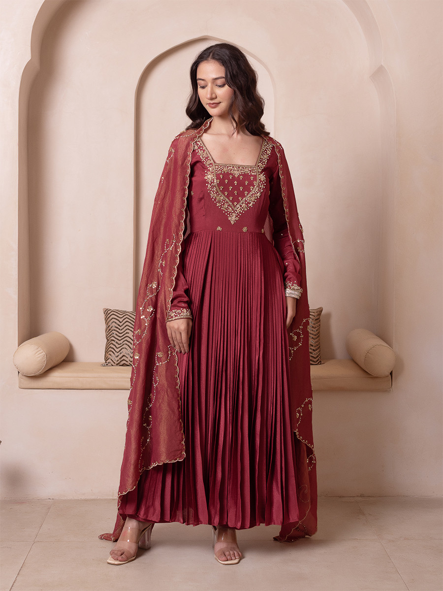 Rosegold Chinon Embroidery Wedding Party Festival Casual Ready Anarkali Palazzo Pant Salwar Kameez