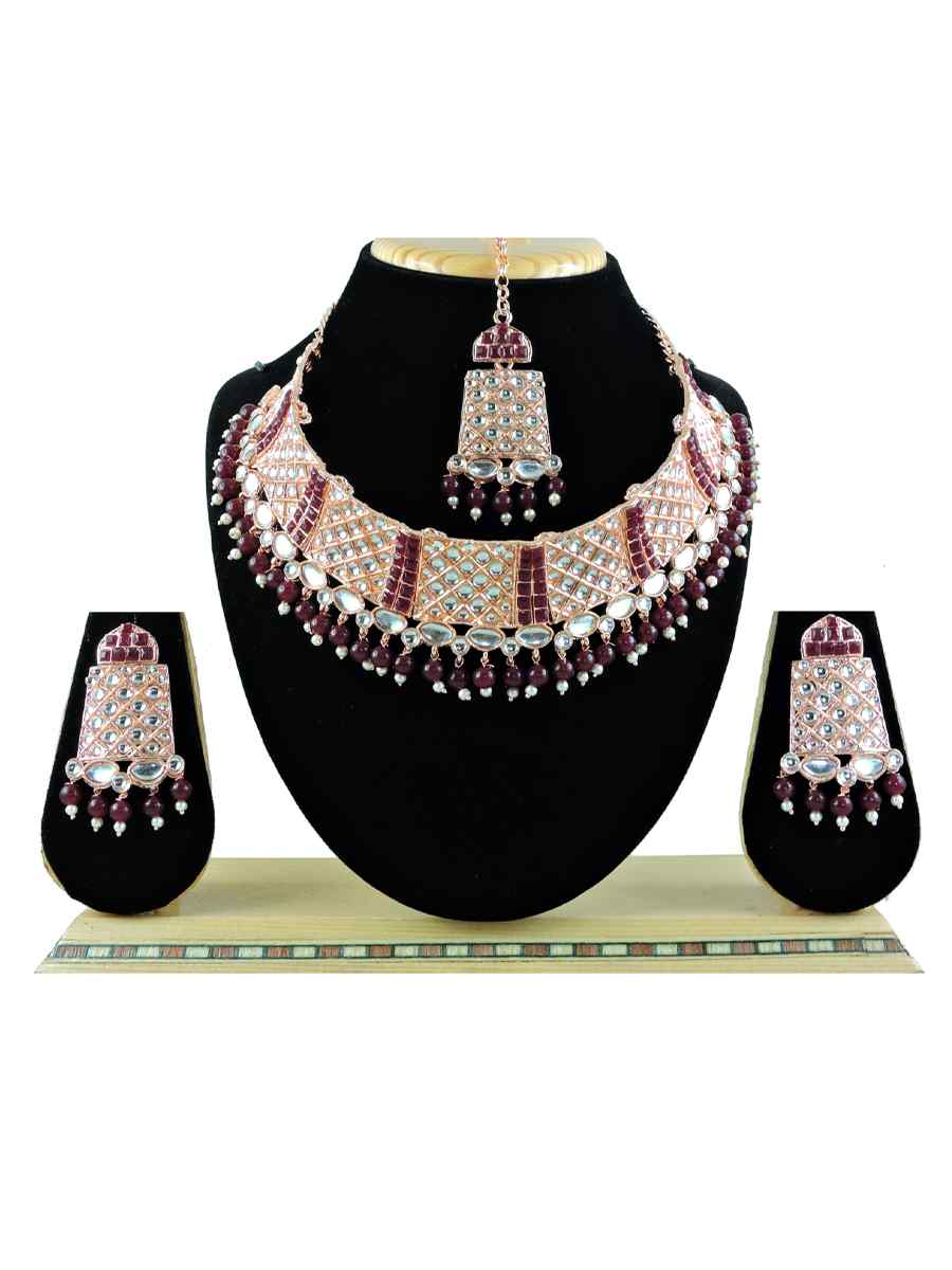 RoseMaroon Alloy Festival Wear Diamonds Necklace