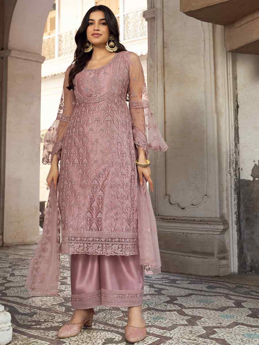 Rosy Brown Heavy Butterfly Net Embroidered Festival Palazzo Pant Salwar Kameez