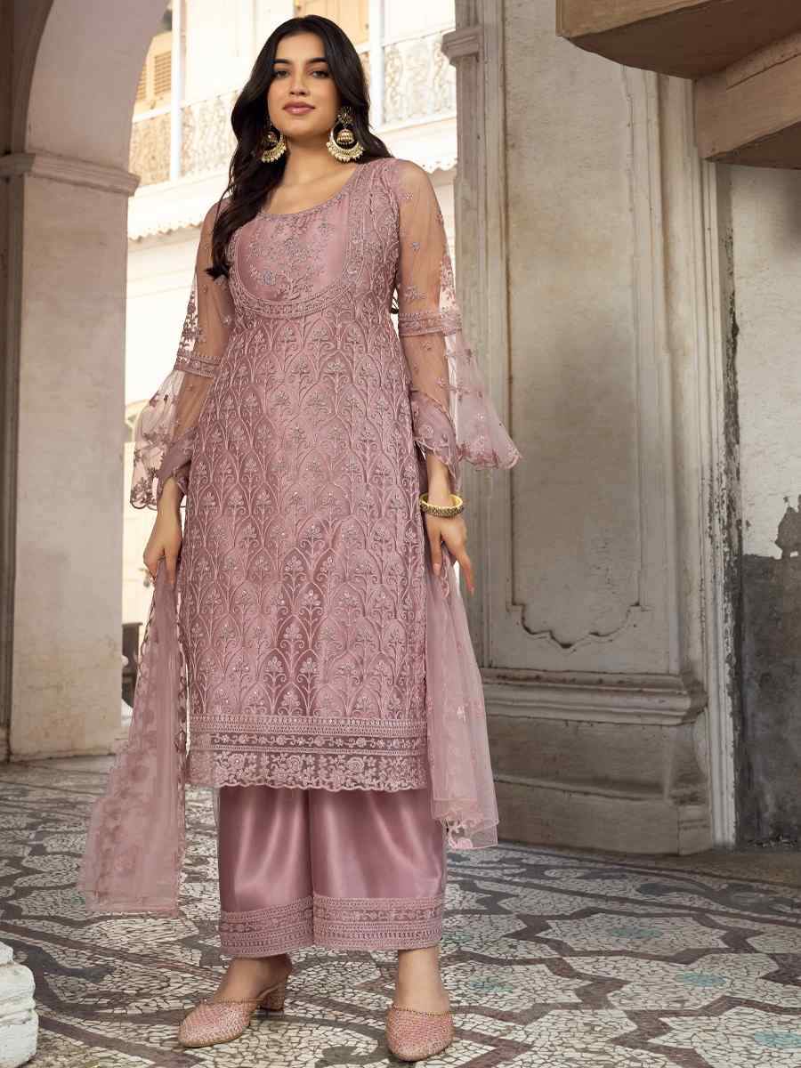 Rosy Brown Heavy Butterfly Net Embroidered Festival Palazzo Pant Salwar Kameez