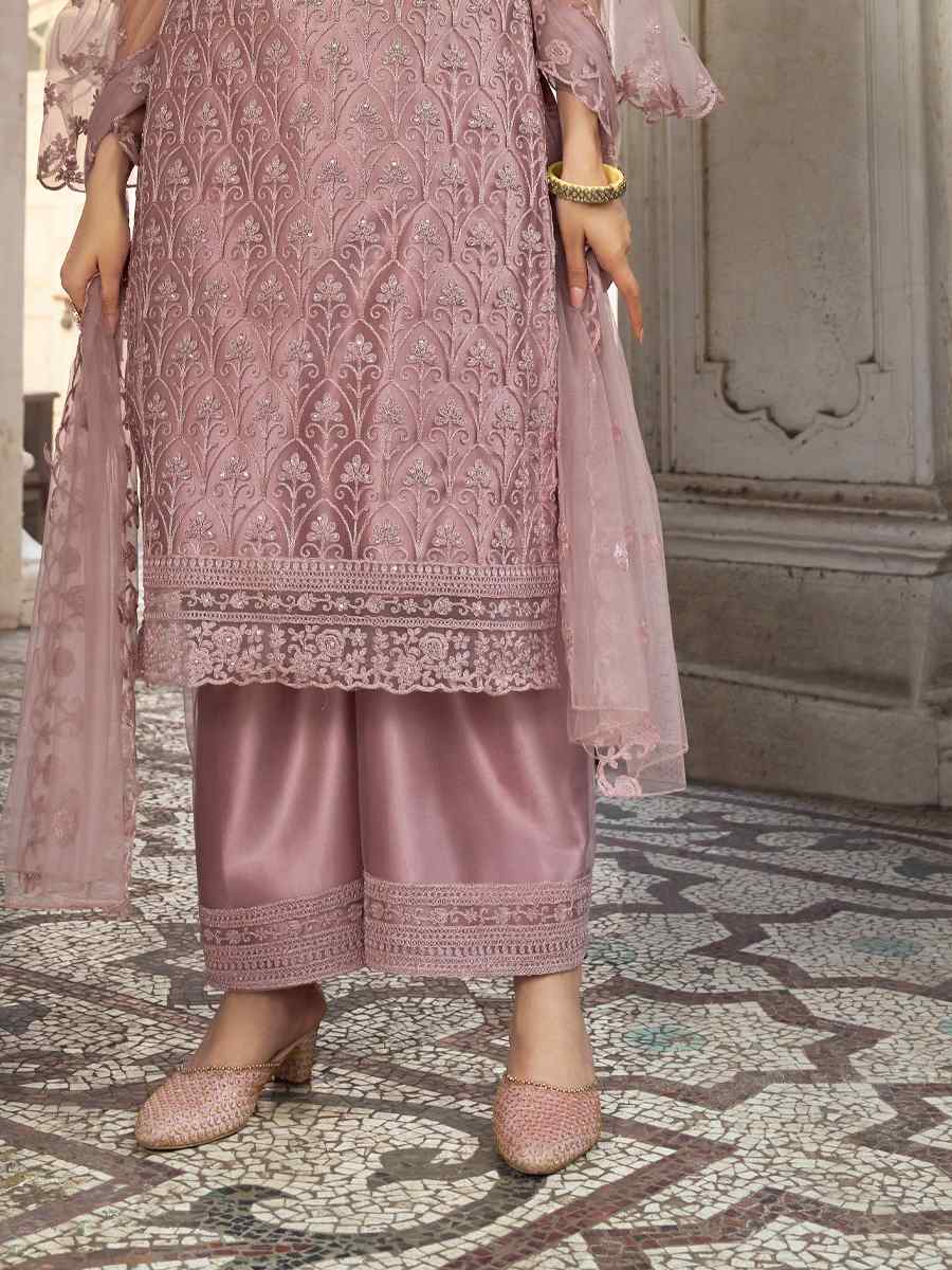 Rosy Brown Heavy Butterfly Net Embroidered Festival Palazzo Pant Salwar Kameez