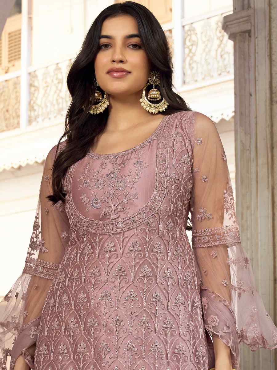 Rosy Brown Heavy Butterfly Net Embroidered Festival Palazzo Pant Salwar Kameez