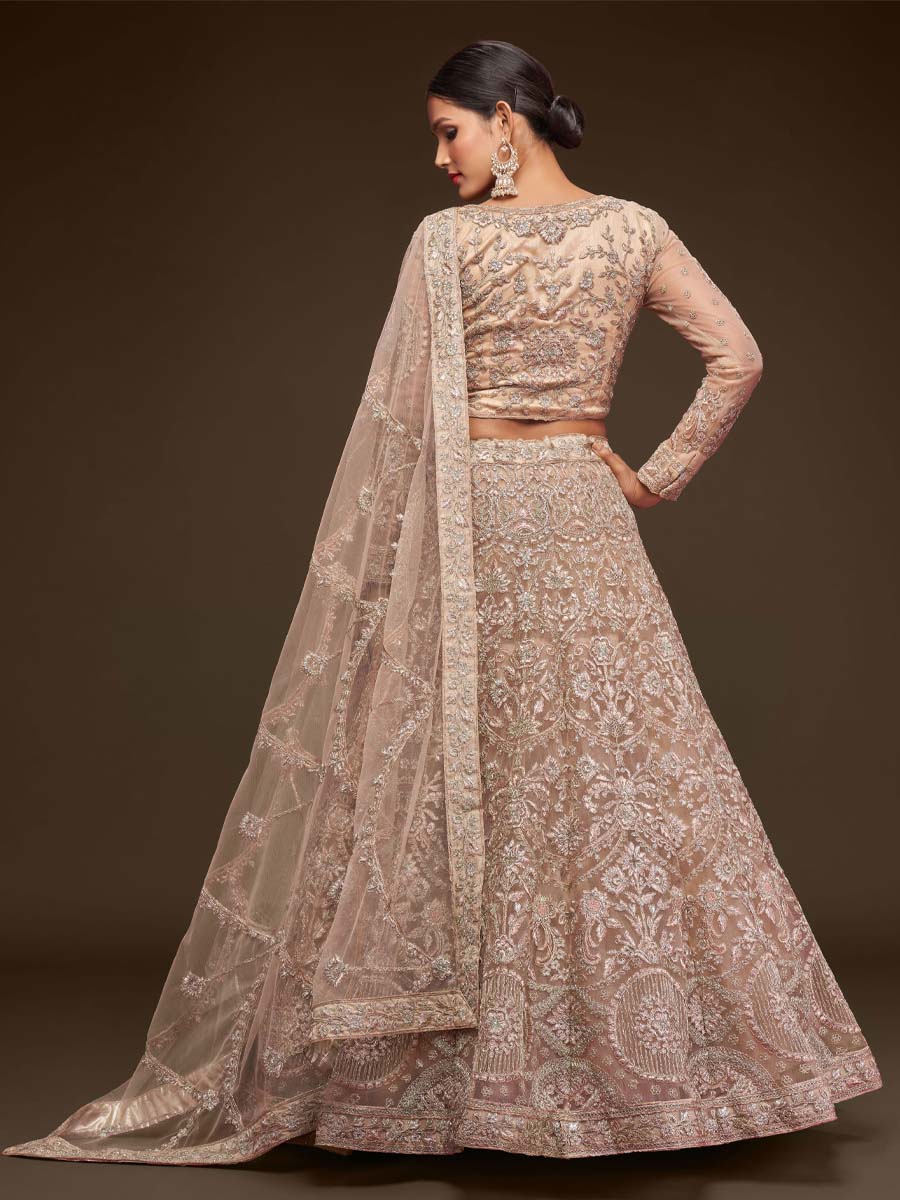 Royal Beige Soft Net Embroidered Engagement Wedding Heavy Border Lehenga Choli