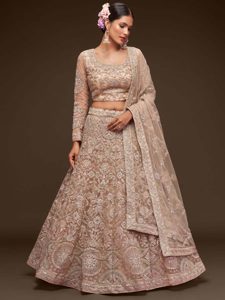 Royal Beige Soft Net Embroidered Engagement Wedding Heavy Border Lehenga Choli