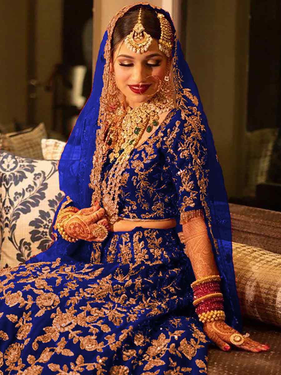 Royal Blue 9000 Velvet Embroidered Bridal Wedding Heavy Border Lehenga Choli