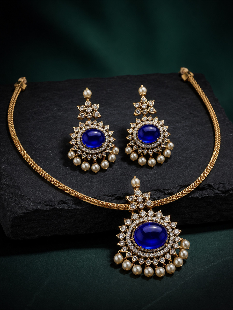 Royal Blue AD Stone Gemstone Pearls Festival Party Wedding Necklace Set With Earrings