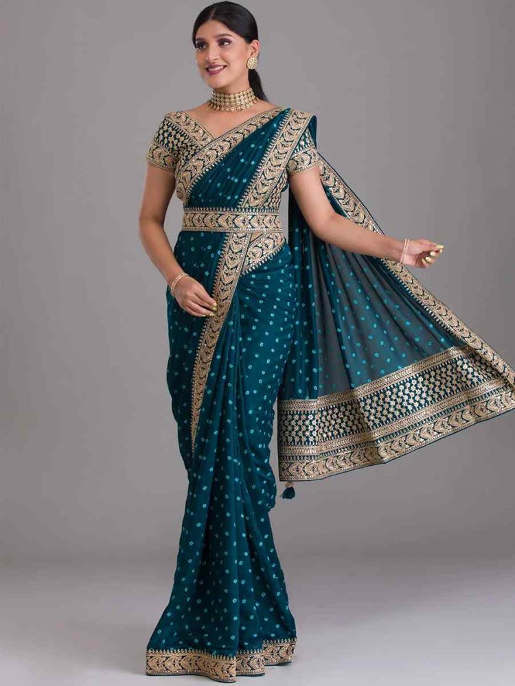 Royal Blue Art Silk Embroidered Wedding Party Heavy Border Saree