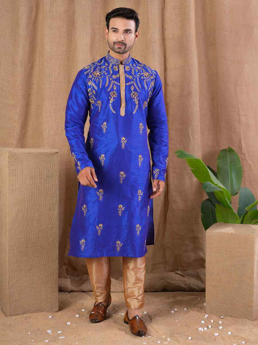 Royal Blue Art Silk Embroidery Festival Wedding Party Mens Kurta