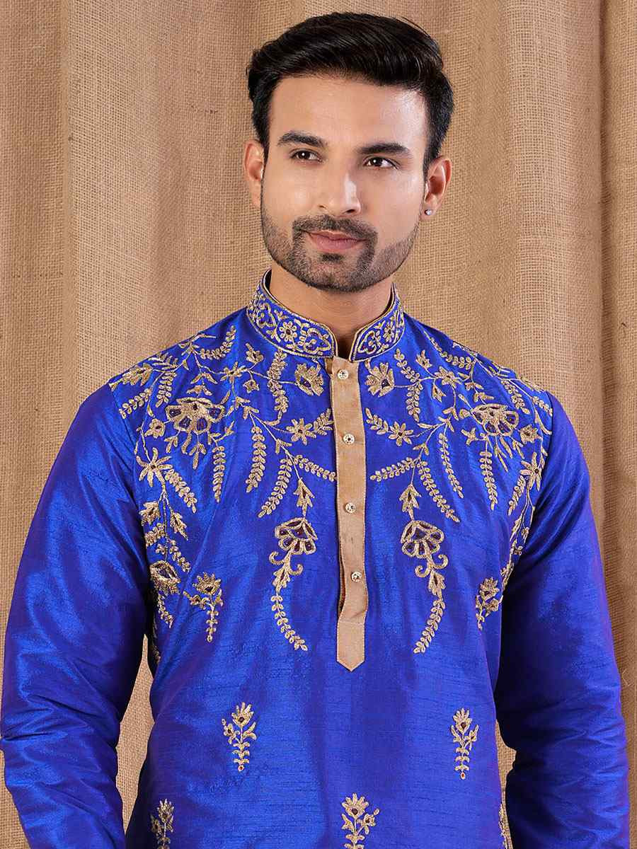 Royal Blue Art Silk Embroidery Festival Wedding Party Mens Kurta