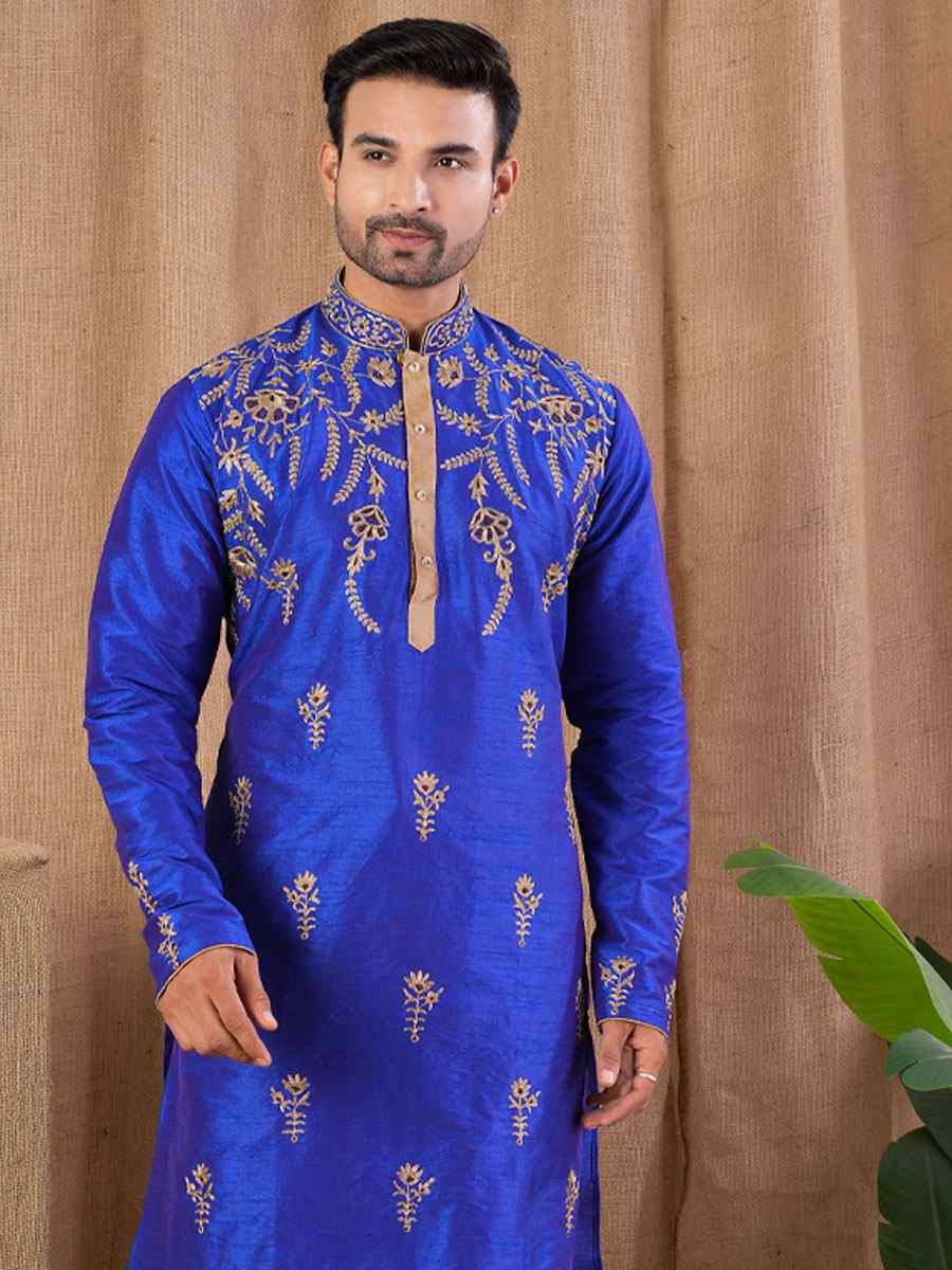 Royal Blue Art Silk Embroidery Festival Wedding Party Mens Kurta