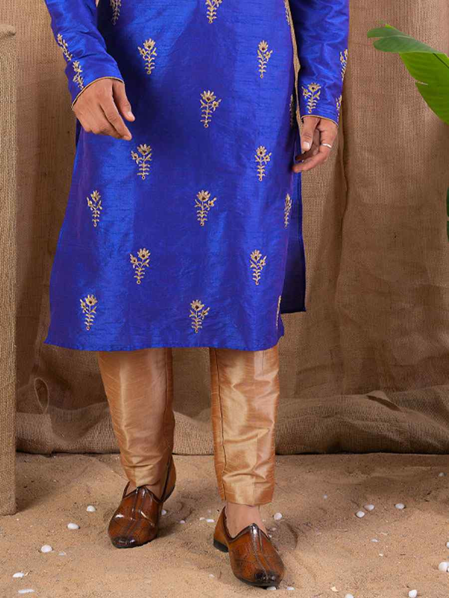 Royal Blue Art Silk Embroidery Festival Wedding Party Mens Kurta